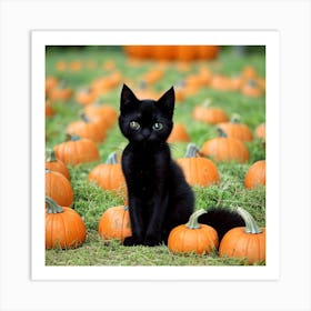 Cute Black Kitten With Pumpkins Art Print