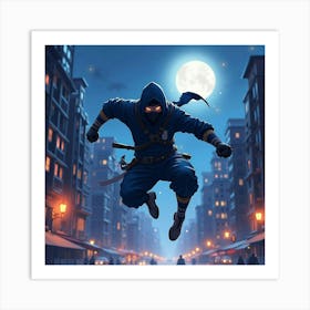 Ninja Fighter Leaping Through A Watercolor Cityscape At Night 1 Art Print