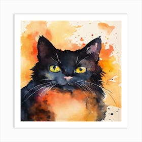 Black Cat Watercolor Painting Art Print