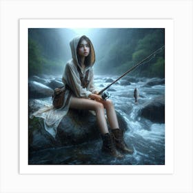 Girl Fishing In The Rain Art Print