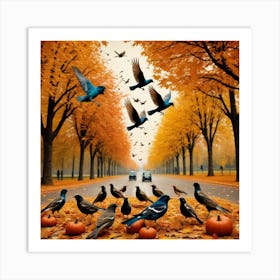 Autumn Birds And Pumpkins Art Print