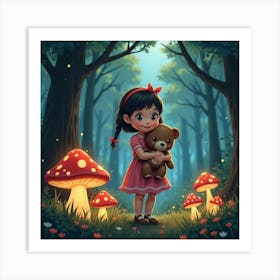 A Young Girl Holding A Teddy Bear, Standing In A Magical Forest, With Glowing Mushrooms Surrounding Her Art Print