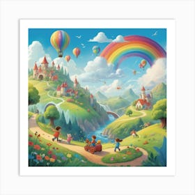 A playful and colorful children’s illustration of a fantasy world with cute characters, rolling hills, fluffy clouds, and a rainbow-filled sky. The scene is joyful and imaginative, full of fun details Art Print