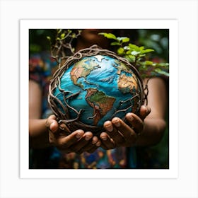 A Hand Of Earthy Brown Weaves Cradling A Detailed Miniature Globe Veins And Tendons Popping Against (7) Art Print