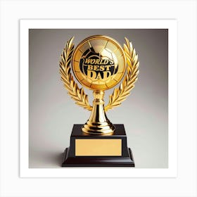 A golden trophy with a laurel wreath and a golden soccer ball on top. The trophy is inscribed with the words "World's Best Dad". The trophy is sitting on a black base. Art Print