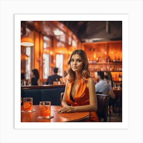 Beautiful Woman In Orange Dress In A Bar 3 Art Print