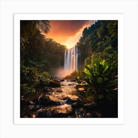 Sunset In The Jungle With Waterfall Art Print