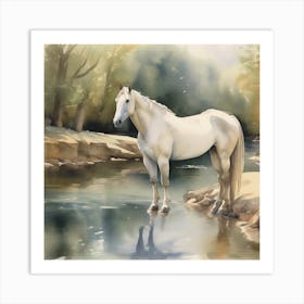 White Horse By The River Art Print