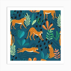 Tropical Cheetah Pattern On Green With Florals And Decoration Square Art Print