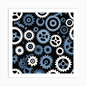 Blue Gears On Black Background Art Print