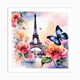 Paris With Roses And Butterflies Art Print