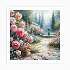 Rose Garden With The Fountain, Acrylic Style Painting 7 Art Print