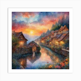 Village At Sunset Art Print