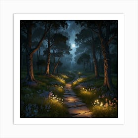 Fairytale Forest Path At Night Art Print