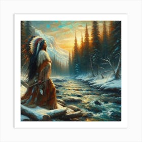 Oil Texture Native American Woman By Stream 8 Art Print