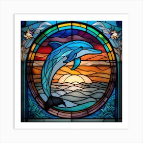 Dolphin In The Sea stained glass rainbow colors Art Print
