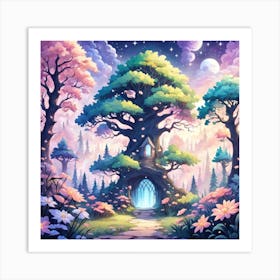 A Fantasy Forest With Twinkling Stars In Pastel Tone Square Composition 58 Art Print