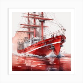 red boat in Red Water Art Watercolor Art Print