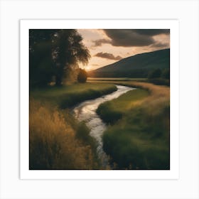 A Valley With A River, Trees, And Grass Under A Cl Esrgan Art Print