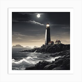 A Picturesque Lighthouse Standing Tall On A Rocky Coastline, Guiding Ships At Night 1 Art Print