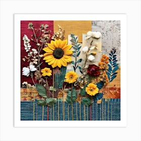 Sunflowers, Design An Eclectic Collage With A Combination Of Fabric Swatches Dried Flowers 2 Art Print