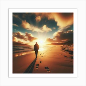 Man Walking On The Beach At Sunset 1 Art Print