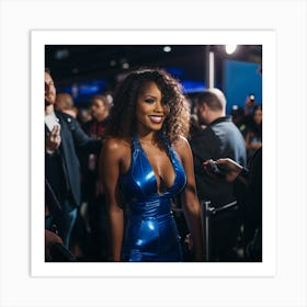 A Sexy Black Woman In A Blue Latex Dress Attending on Red Carpet Curvey Long Hair Shoulders - Created by Midjourney Art Print