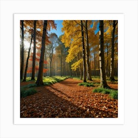 A Vibrant Autumn Forest With A Carpet Of Fallen Leaves And A Clear Blue Sky 2 Art Print