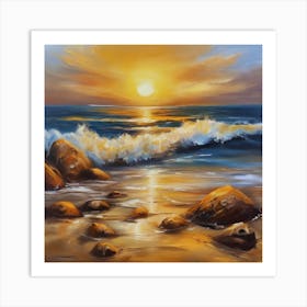 The sea. Beach waves. Beach sand and rocks. Sunset over the sea. Oil on canvas artwork.35 Art Print