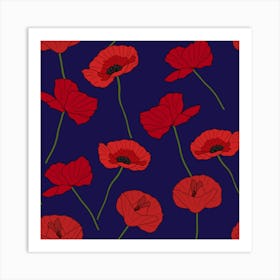 Poppies Seamless Pattern On Dark Blue Background Art Print