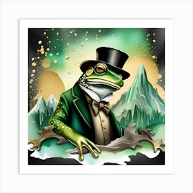 Frog In Top Hat Watercolor Splash Dripping Art Print