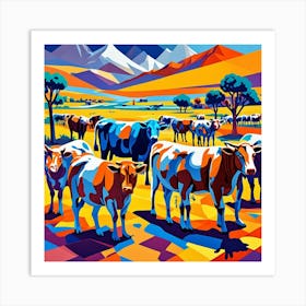 Cattle In The Field Cubism Style Art Print