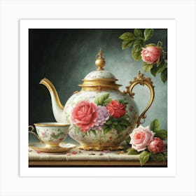 A very finely detailed Victorian style teapot with flowers, plants and roses in the center with a tea cup 4 Art Print