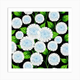 White Chrysanthemums On Black Background 1 Art Print