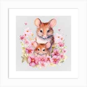 Watercolor Spring Mama And Baby Mice Art Print