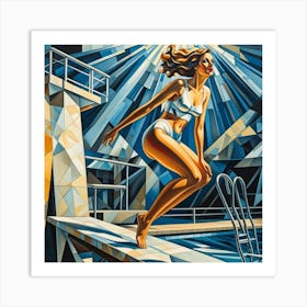 Woman Diving Cubism Style Art Print