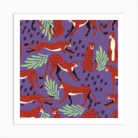 Tropical Cheetah Pattern On Purple With Florals And Decoration Square Art Print
