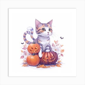 Dreamshaper V7 Watercolor Cat With Home Halloween White Backgr 0 Art Print