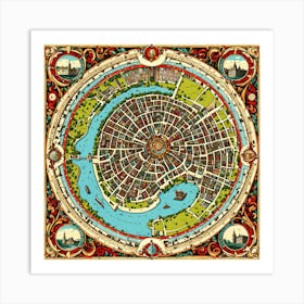 A Vintage Map, Of A Historic City With Ornate Borders And Labels art print 9 Art Print