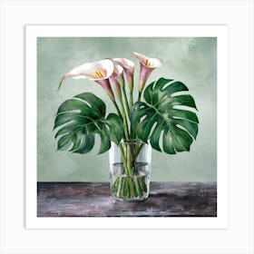 watercolor calla lilies and monstera, painting Art Print