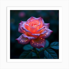 A Whimsical Rose With Petals Of Glowing, Bioluminescent Light Blooming In A Dreamlike Garden 1 Art Print