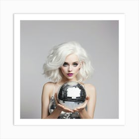 Woman With White Hair Holding A Disco Ball Art Print 2 Art Print