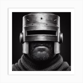 Black And White Portrait Of A Man With A Helmet Art Print