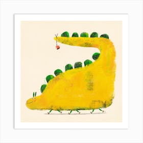 Yellow Dinosaur With Roller Skates And Coffee Cup Art Print