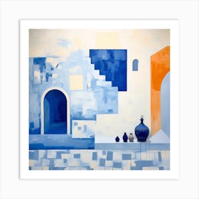 Abstract Minimalist Contemporary Art Print - Blue, Orange & White Archways With Pots Art Print