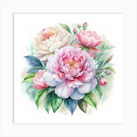 Watercolor Painting Of Pink Peonies Art Print