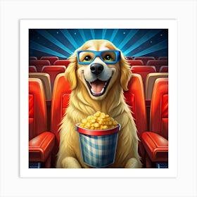 Golden Retriever Dog Wearing 3d Glasses Enjoying A Movie At The Cinema Art Print