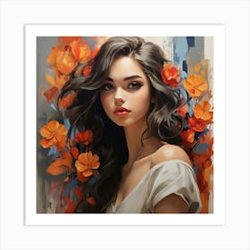 Portrait Of A Girl With Flowers Art Print