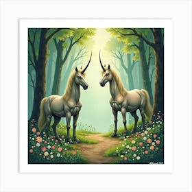 Watercolor Centaurs In An Ancient, Enchanted Forest 1 Art Print