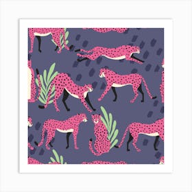 Tropical Pink Cheetah Pattern On Purple With Florals And Decoration Square Art Print